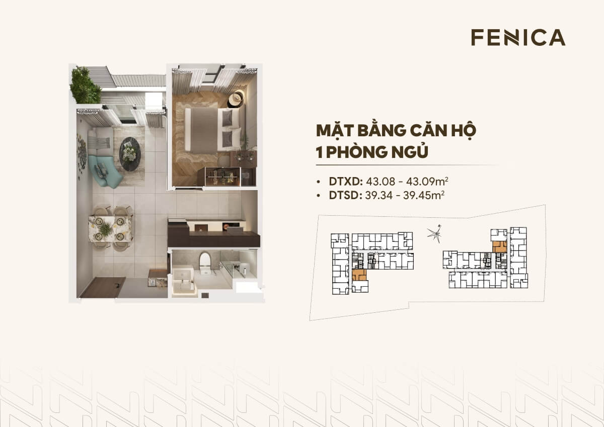 Thiết kế căn hộ 1 phòng ngủ dự án Fenica Dĩ An
