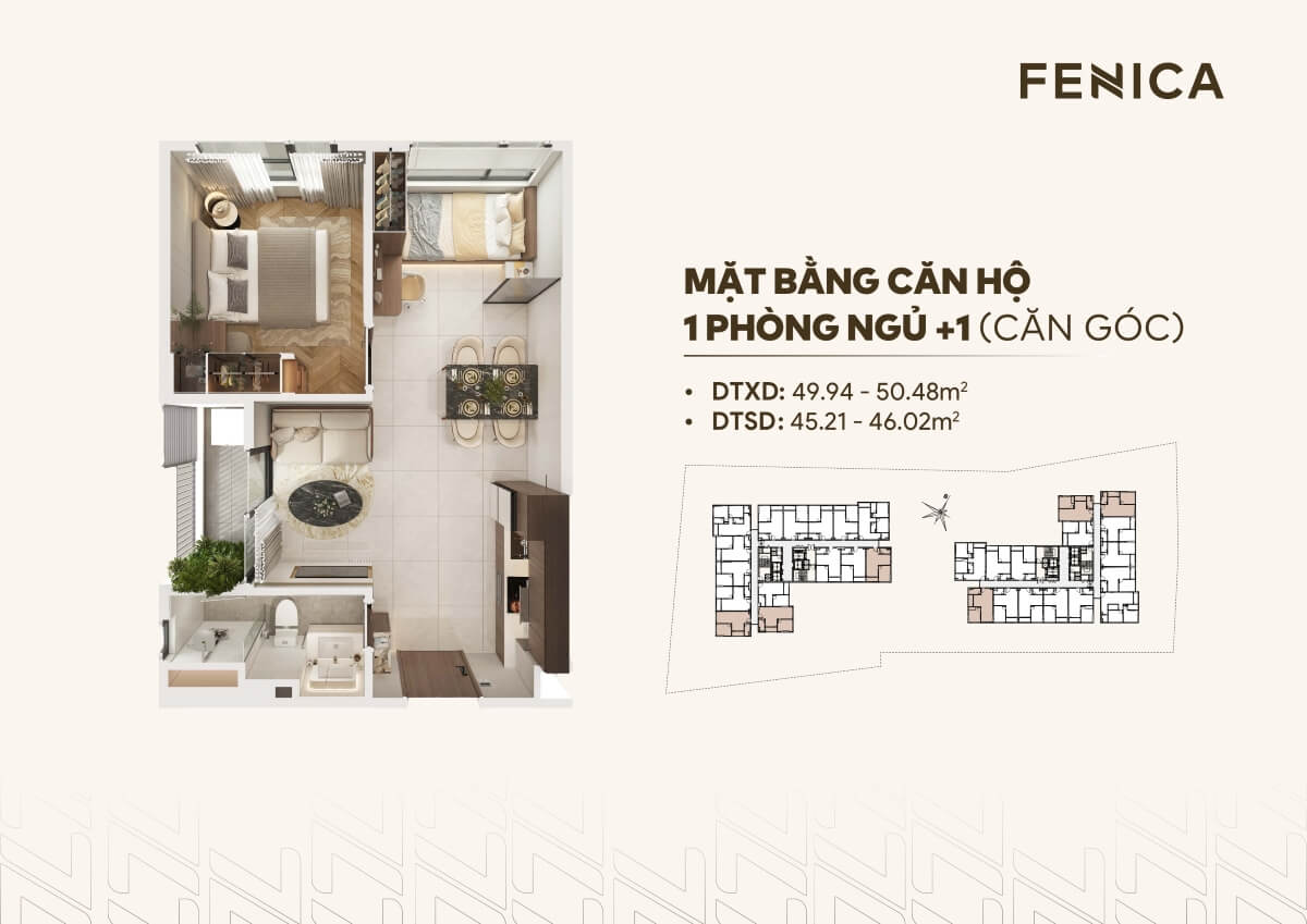 Thiết kế căn hộ 1 phòng ngủ + góc dự án Fenica Dĩ An