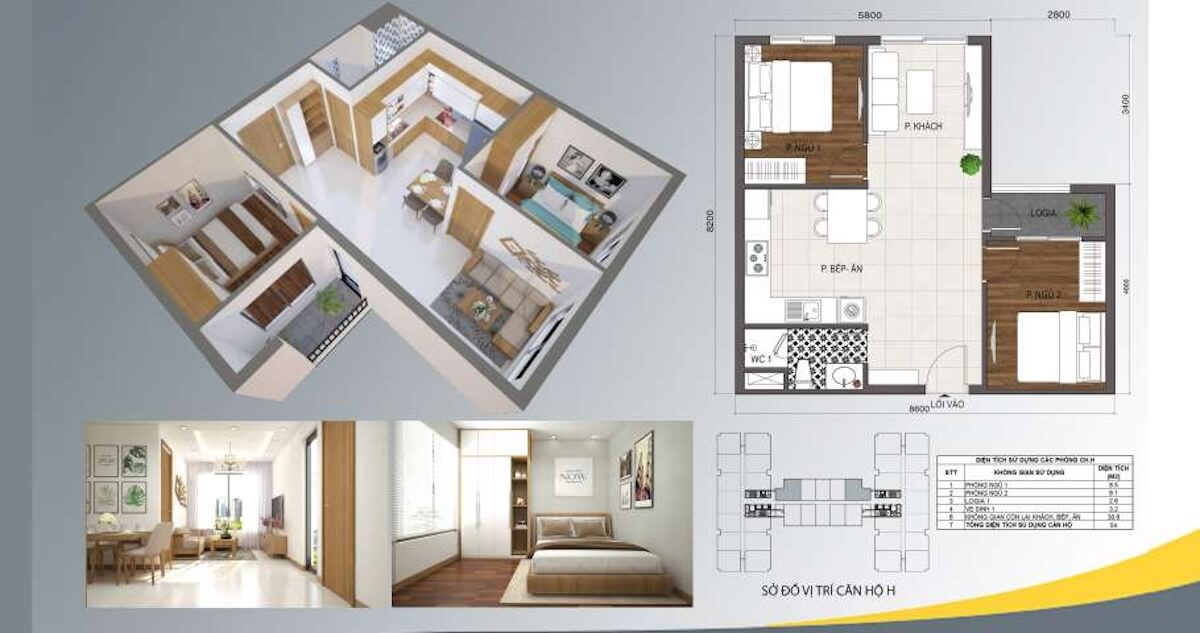 Thiết kế căn hộ 2 phòng ngủ 1wc phòng ngủ Tecco Felice Tower