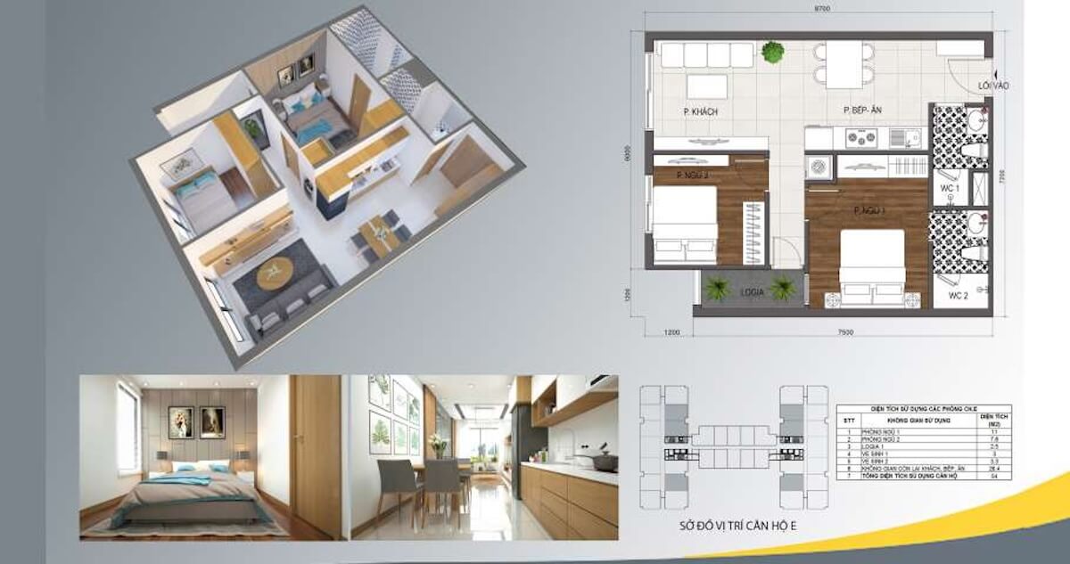 Thiết kế căn hộ 2 phòng ngủ 2wc Tecco Felice Tower