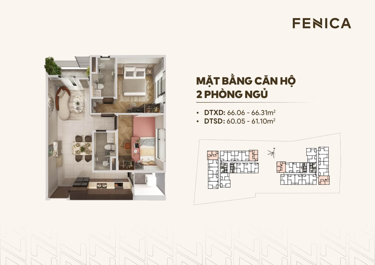 Thiết kế căn hộ 2 phòng ngủ dự án căn hộ Fenica Dĩ An