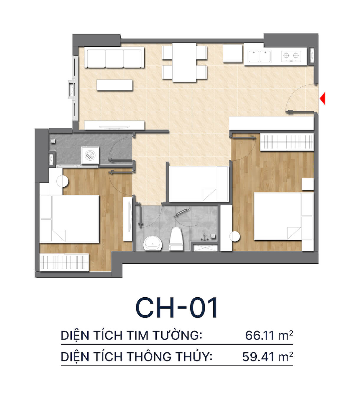 Thiết kế căn hộ 2PN1WC dự án Diamond Boulevard