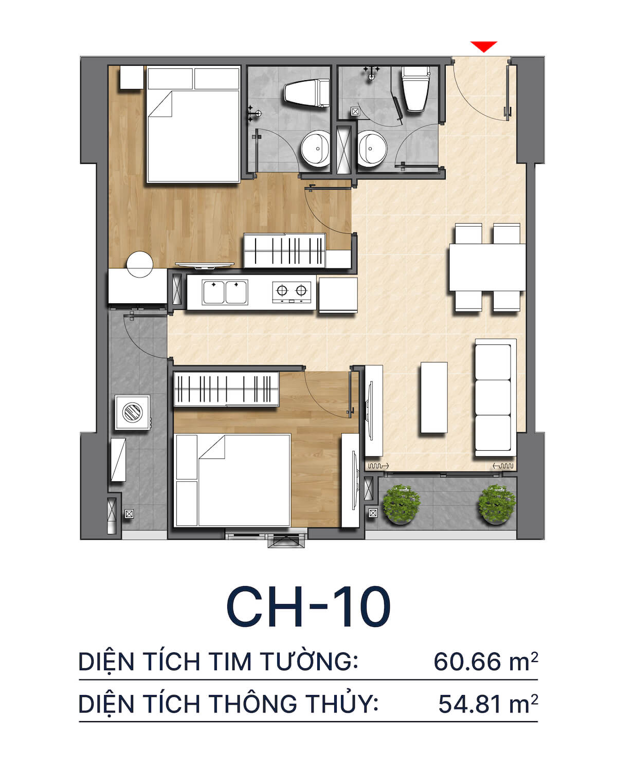 Thiết kế căn hộ 2PN2WC dự án Diamond Boulevard