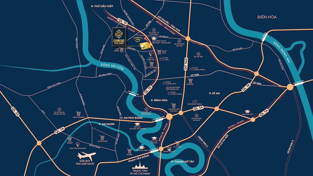 Vị trí kết nối dự án căn hộ Diamond Boulevard