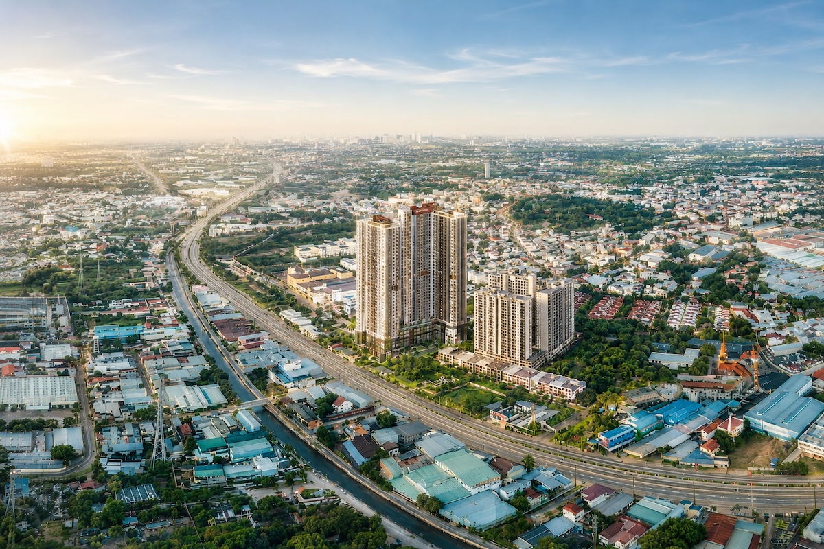 Phối cảnh tổng thể dự án căn hộ Sky Solis mặt tiền Ql13, phường Lái Thiêu, Thuận An, Bình Dương